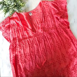 Coral Eyelet Flutter Sleeve Top